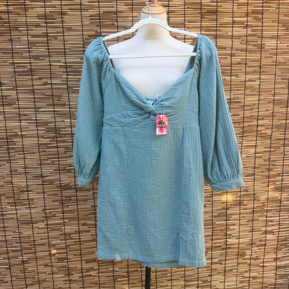 Roxy Mineral Blue Gauze Mini Dress Twist Front Smocked Back Womens M